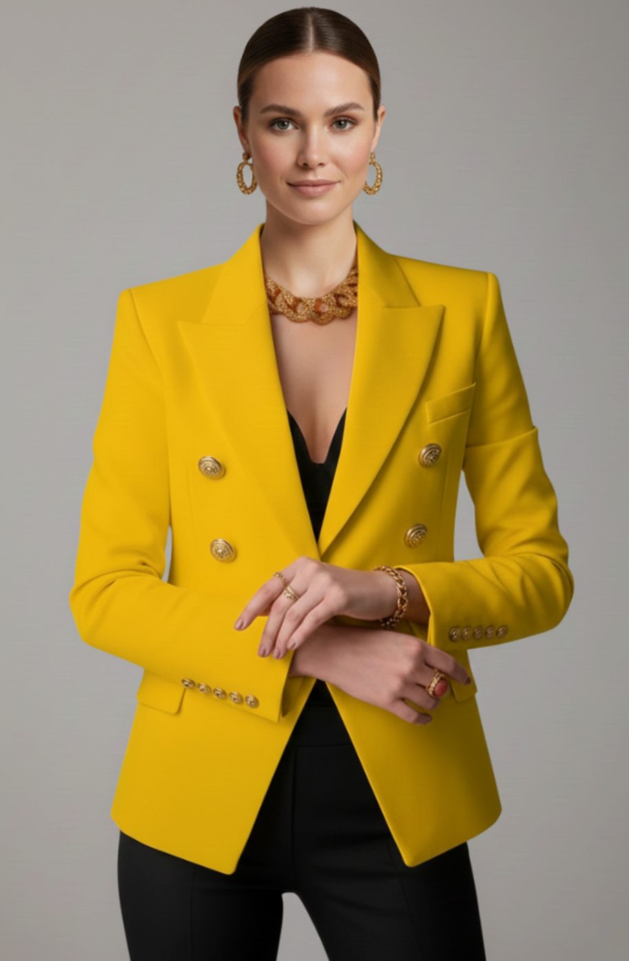 Women's Double-Breasted Gold-Button Tailored Blazer, Black - Yellow