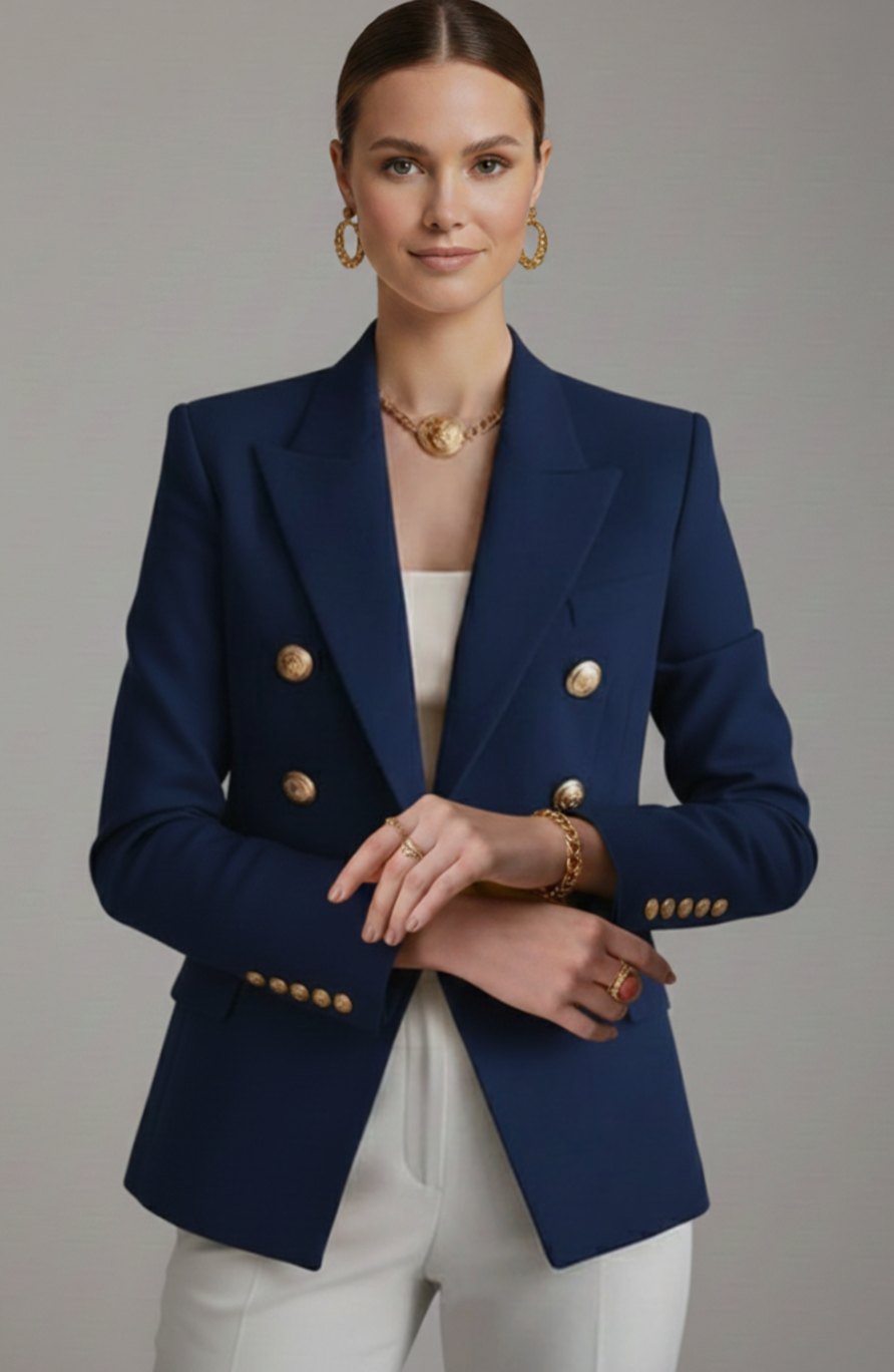 Women's Double-Breasted Gold-Button Tailored Blazer, Black - Black