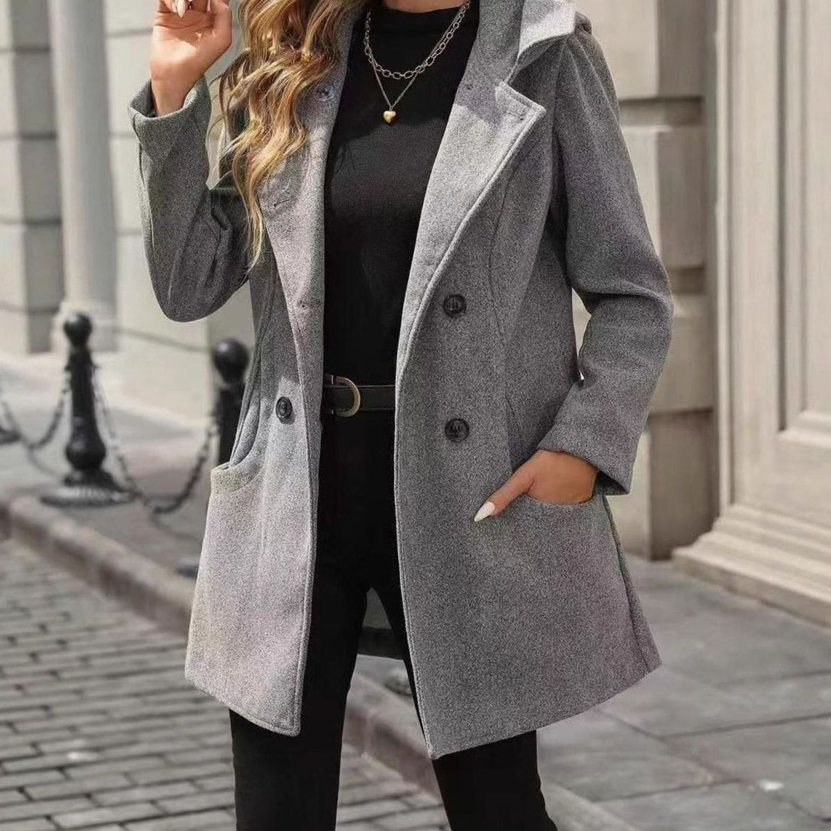 Women's Double-Breasted Lapel Wool Coat with Pockets