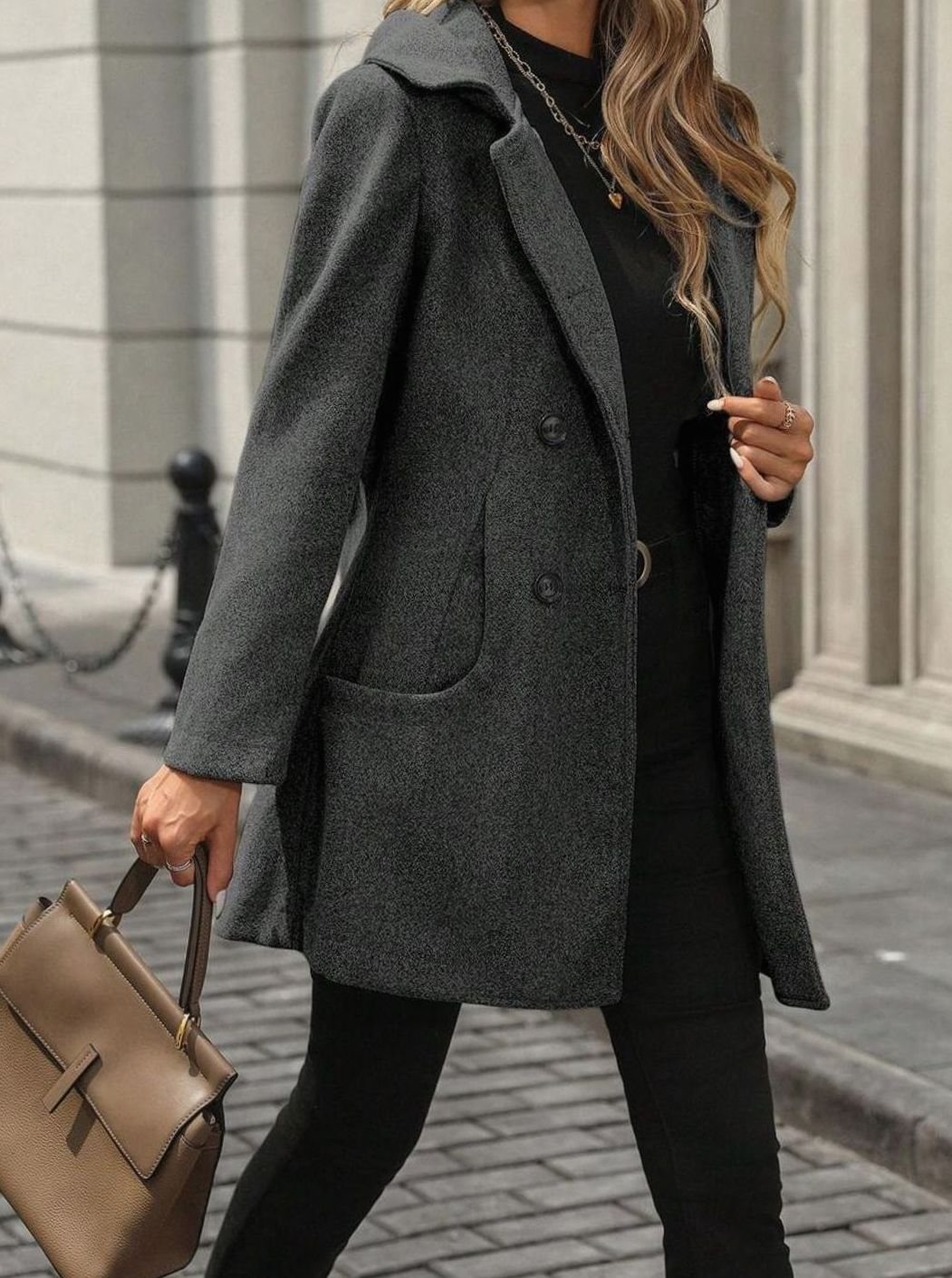 Women's Double-Breasted Lapel Wool Coat with Pockets - Dark Grey