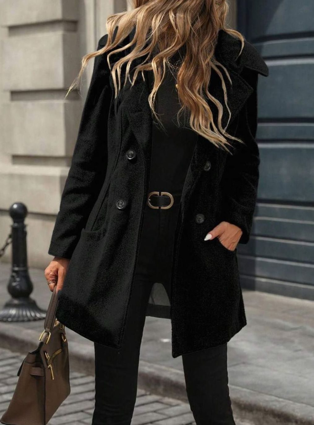 Women's Double-Breasted Lapel Wool Coat with Pockets - Black