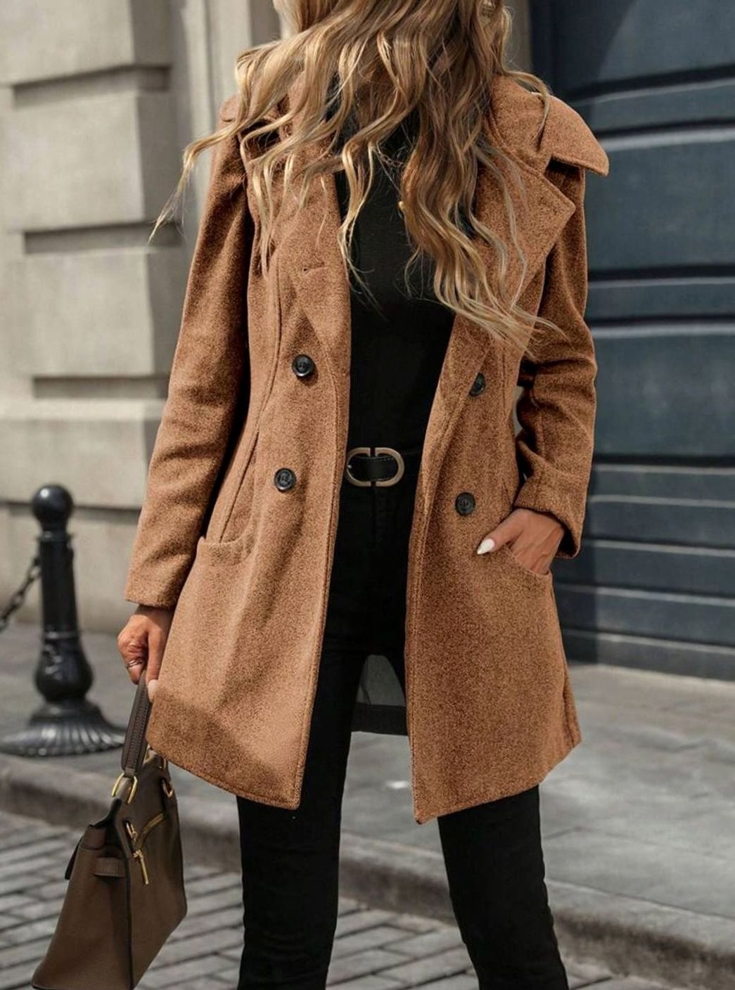 Women's Double-Breasted Lapel Wool Coat with Pockets - Caramel