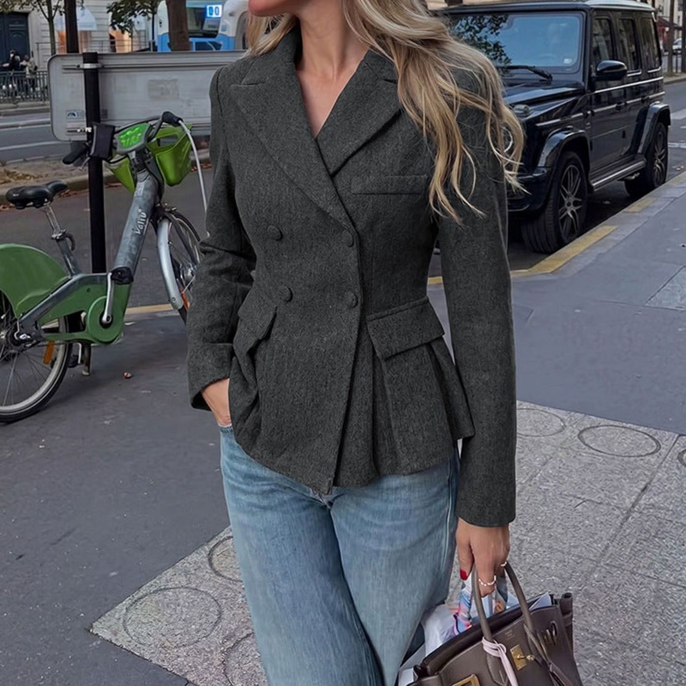 Women's Double-Breasted Peplum Blazer Long Sleeve Flap Pockets