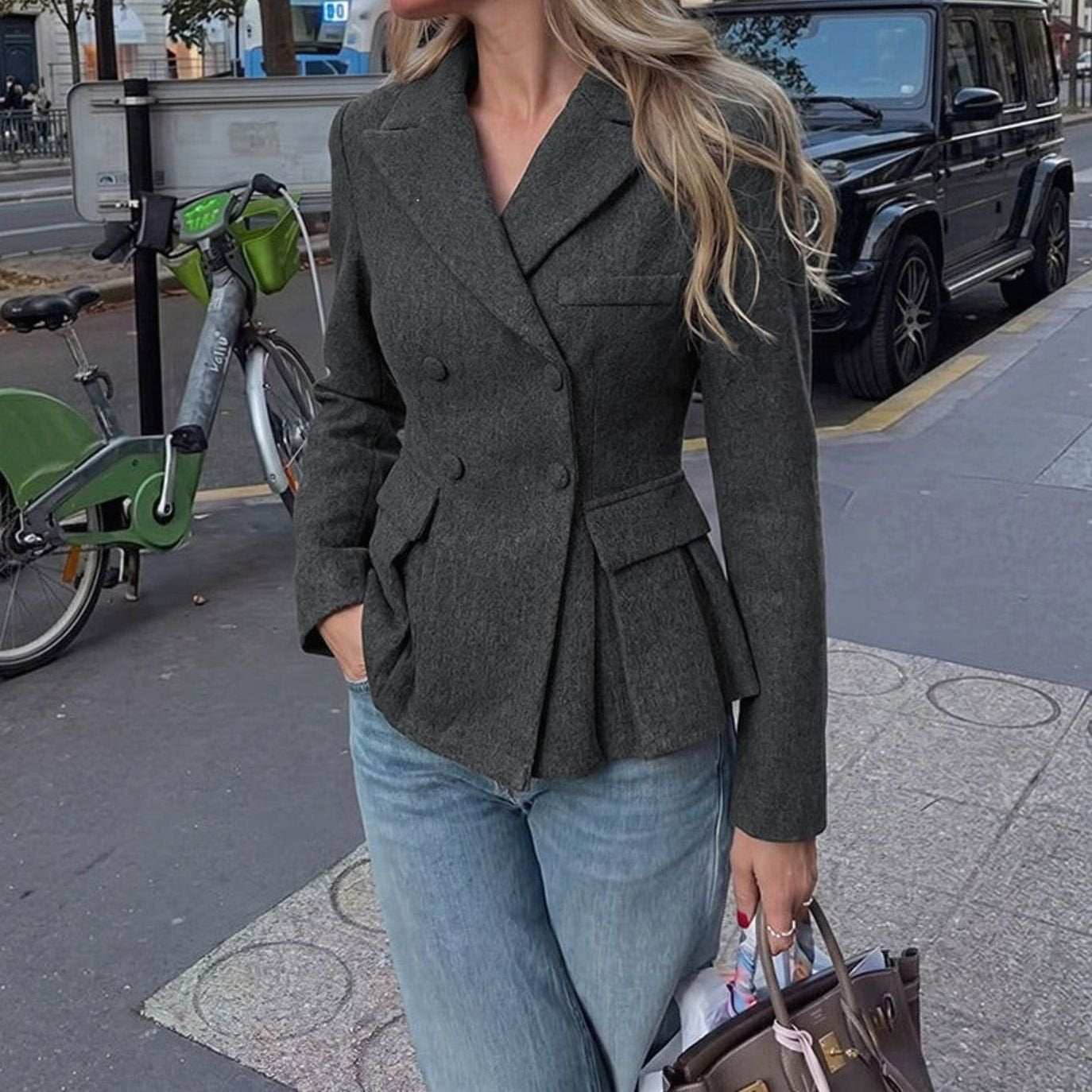 Women's Double-Breasted Peplum Blazer Long Sleeve Flap Pockets