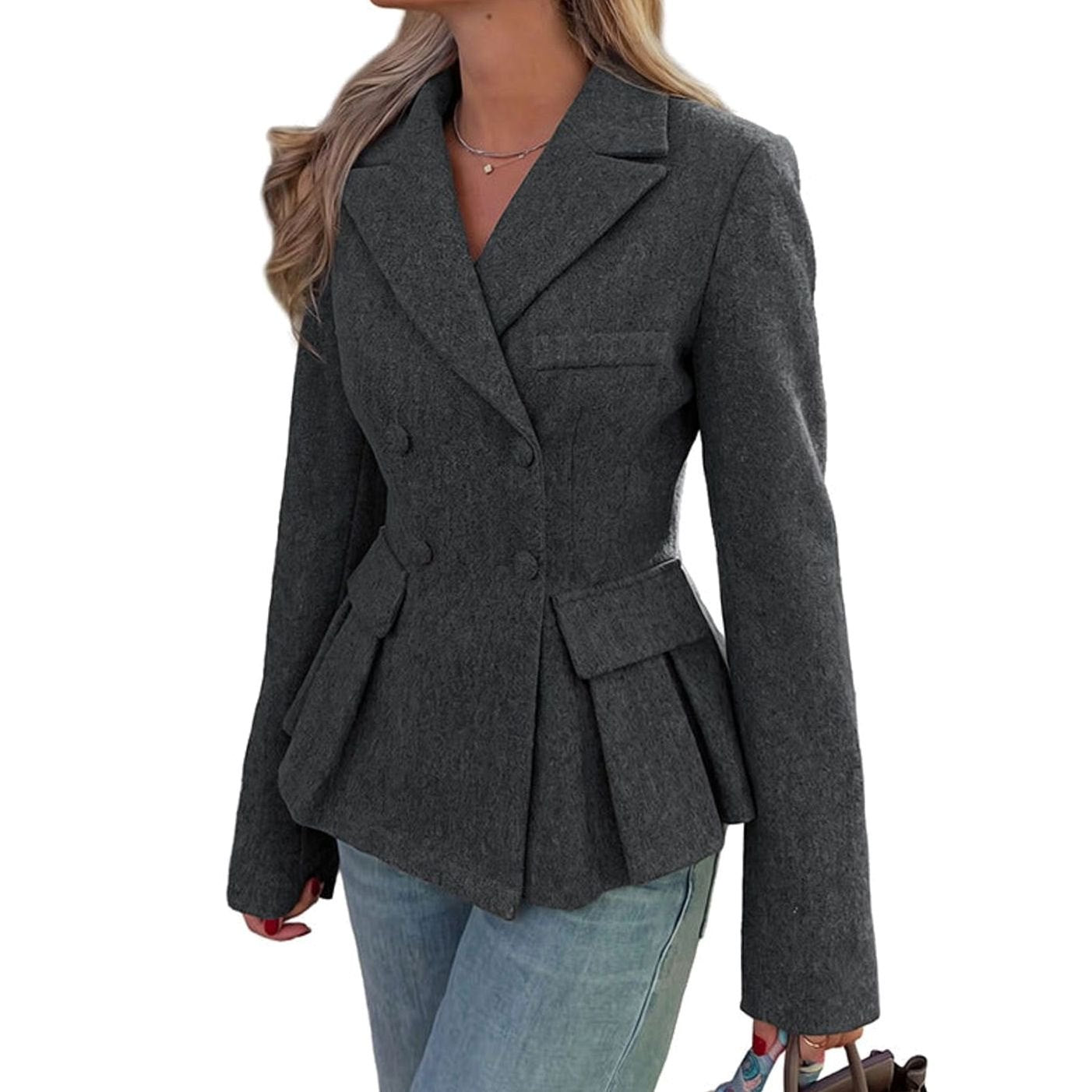 Women's Double-Breasted Peplum Blazer Long Sleeve Flap Pockets