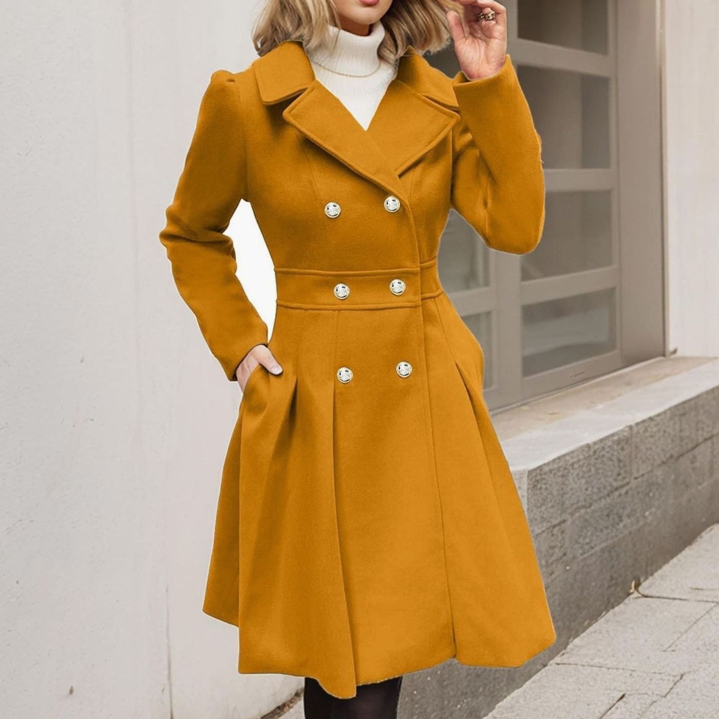 Women's Double-Breasted Pleated-Skirt Longline Wool-Blend Coat