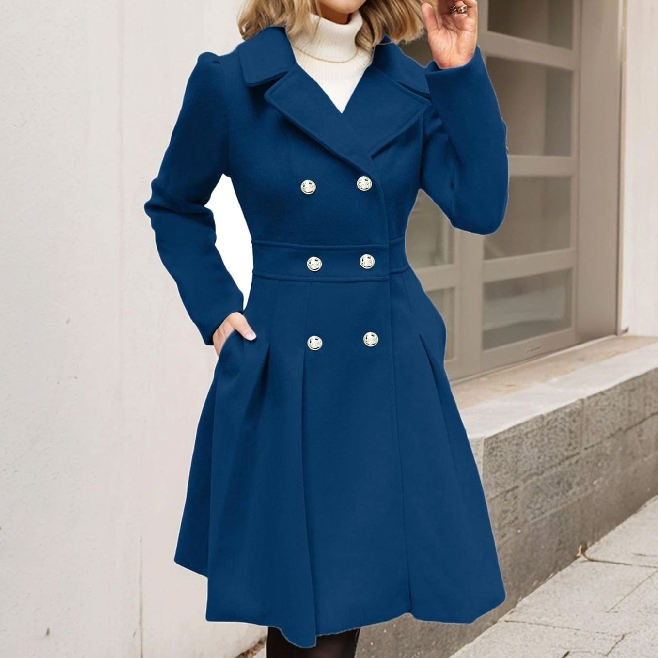 Women's Double-Breasted Pleated-Skirt Longline Wool-Blend Coat - Dark Navy
