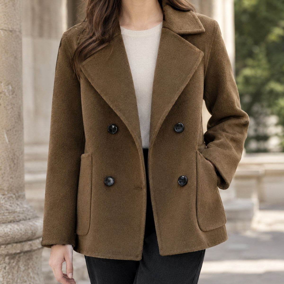 Women's Double-Breasted Relaxed-Fit Wool Coat - Brown