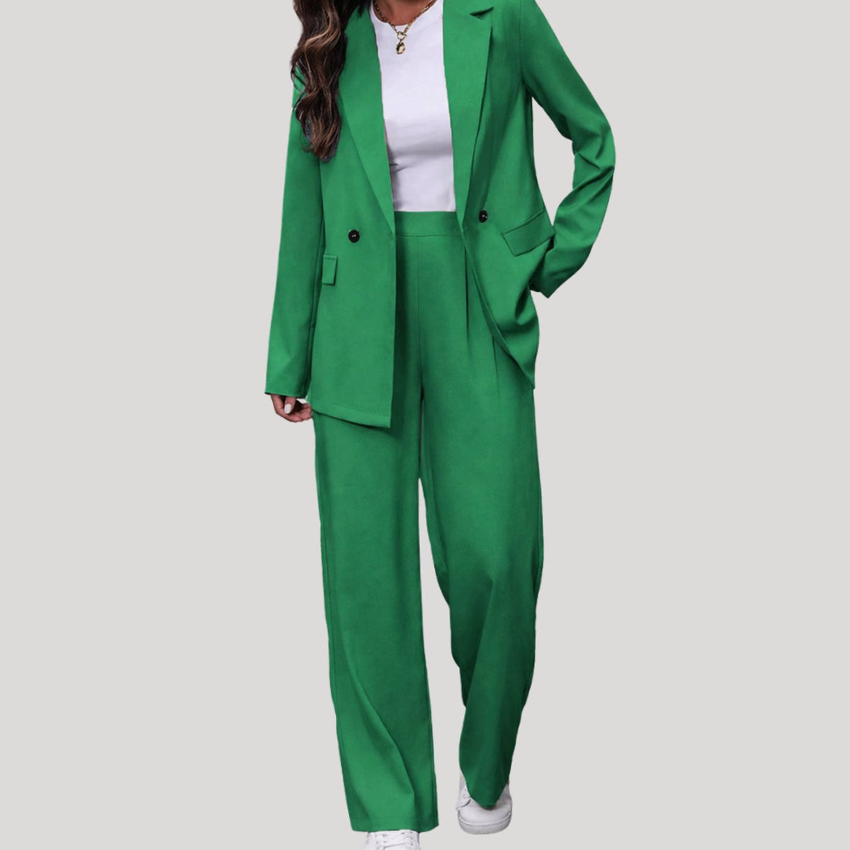 Women's Double-Breasted Wide-Leg Tailored Blazer Pants Suit Set - Green