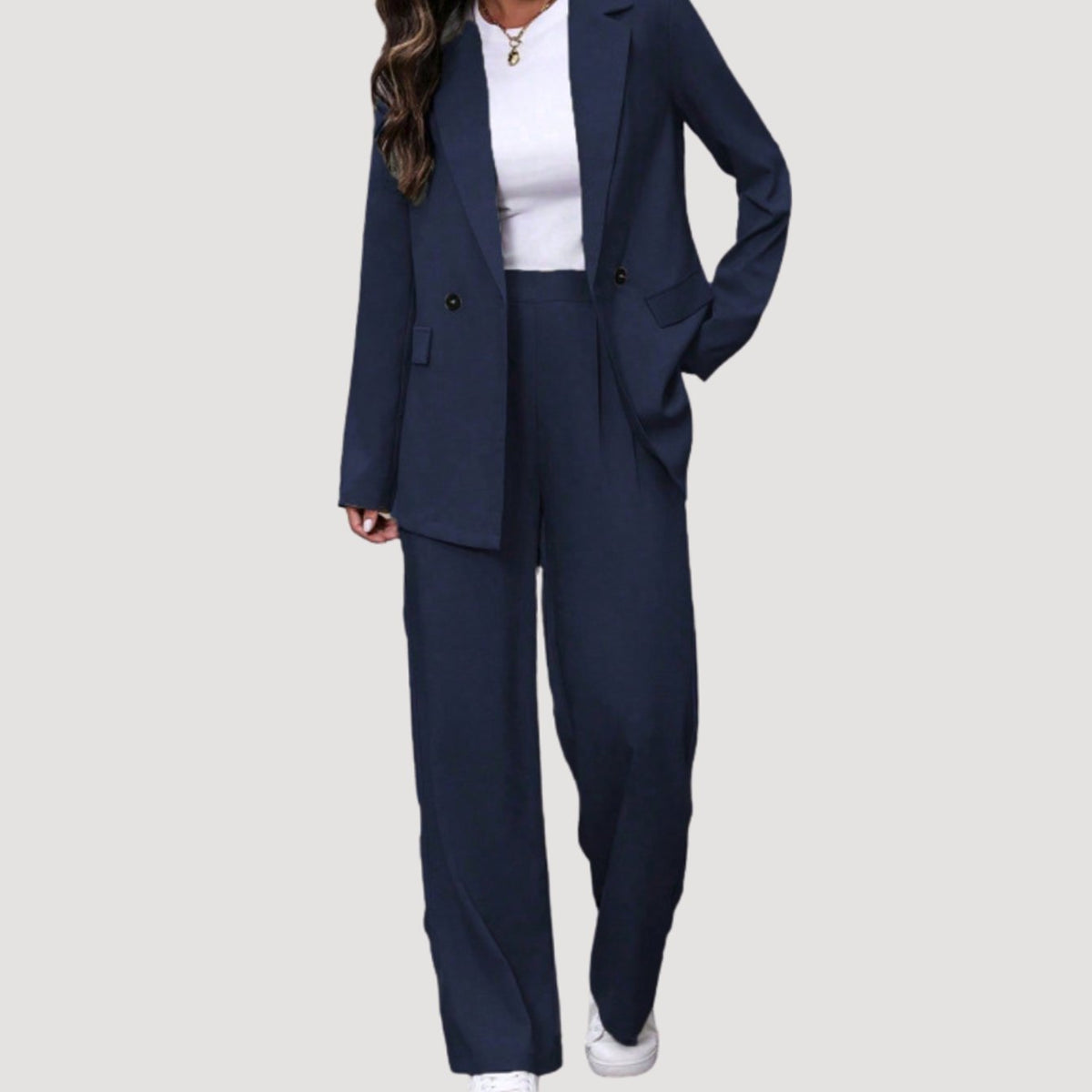 Women's Double-Breasted Wide-Leg Tailored Blazer Pants Suit Set - Navy Blue