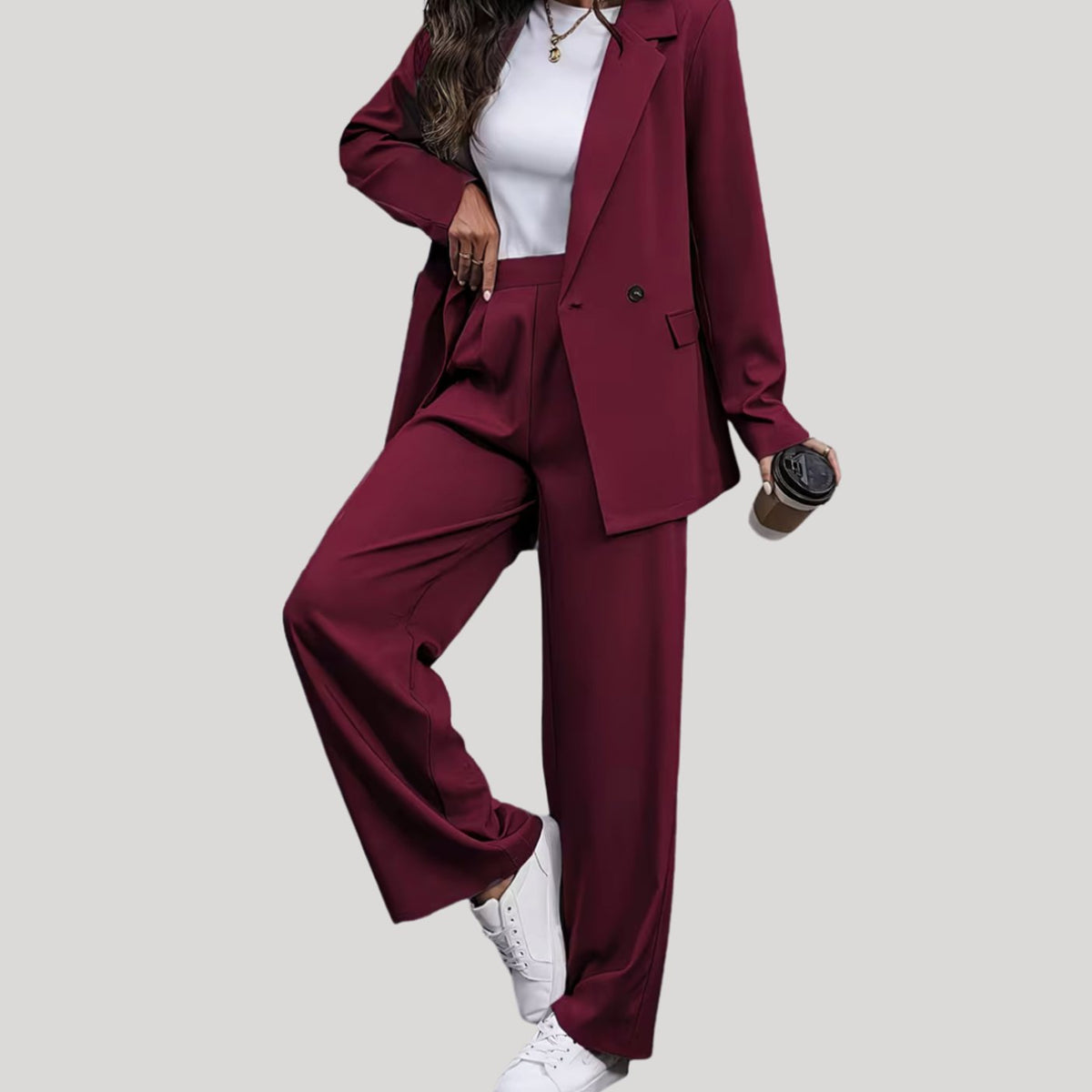 Women's Double-Breasted Wide-Leg Tailored Blazer Pants Suit Set