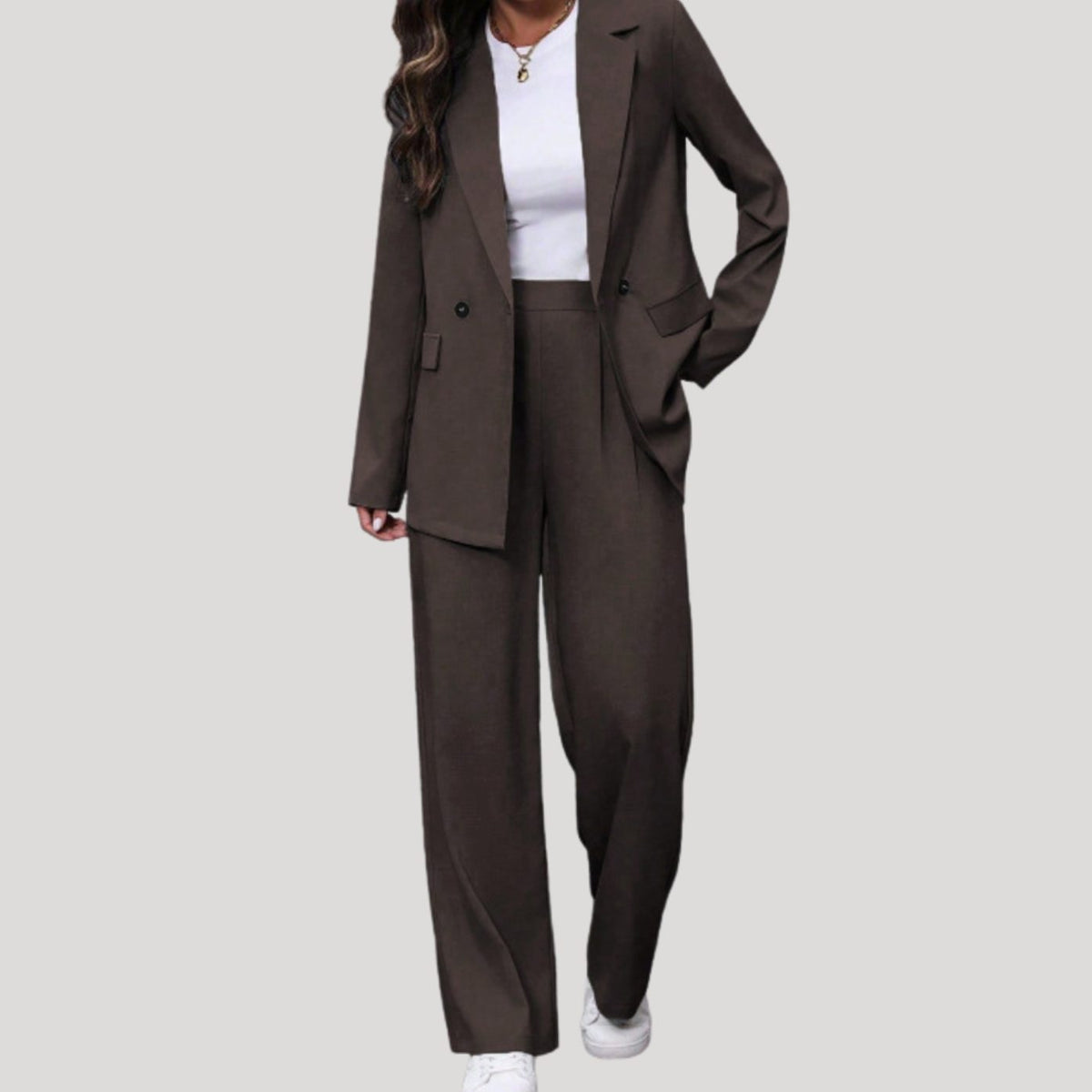 Women's Double-Breasted Wide-Leg Trouser Suit Set - Dark Brown