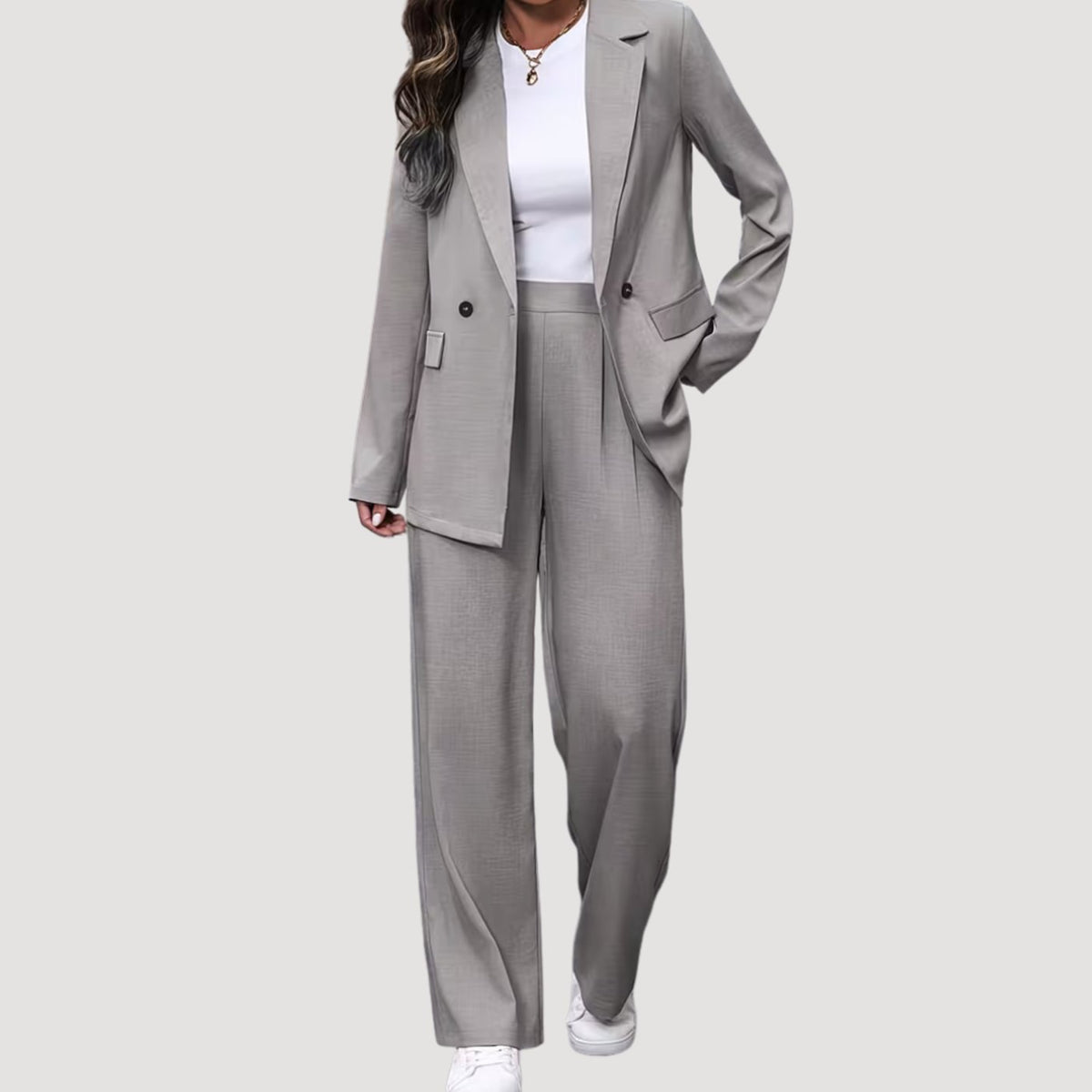 Women's Double-Breasted Wide-Leg Trouser Suit Set - Light Grey