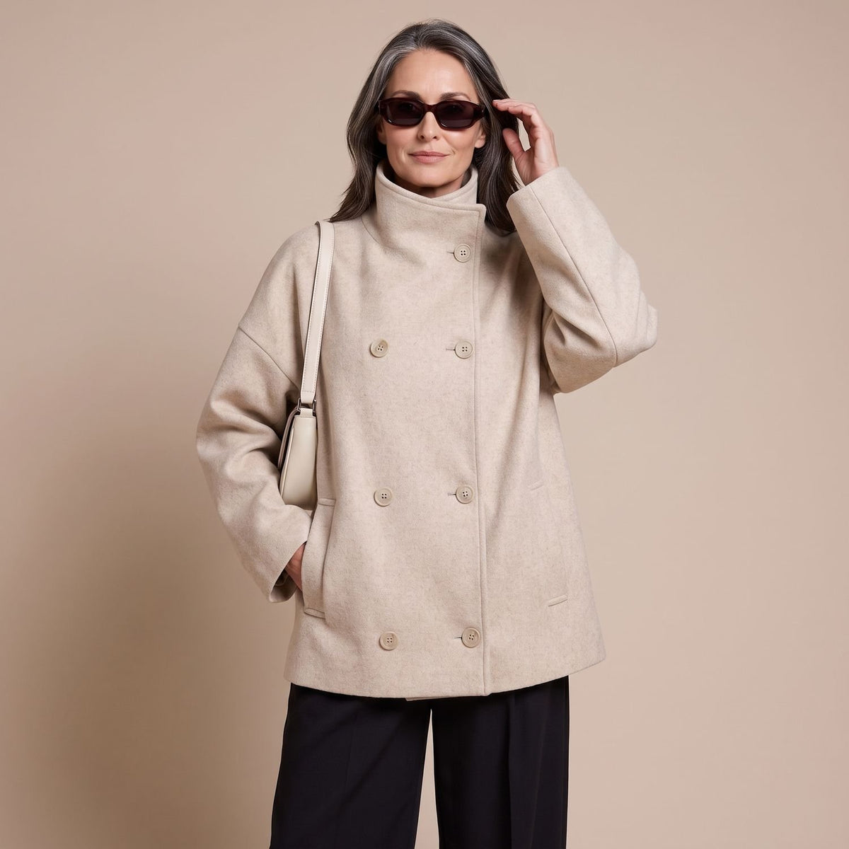 Women's Double-Breasted Wool-Blend Oversized Pea Coat - White