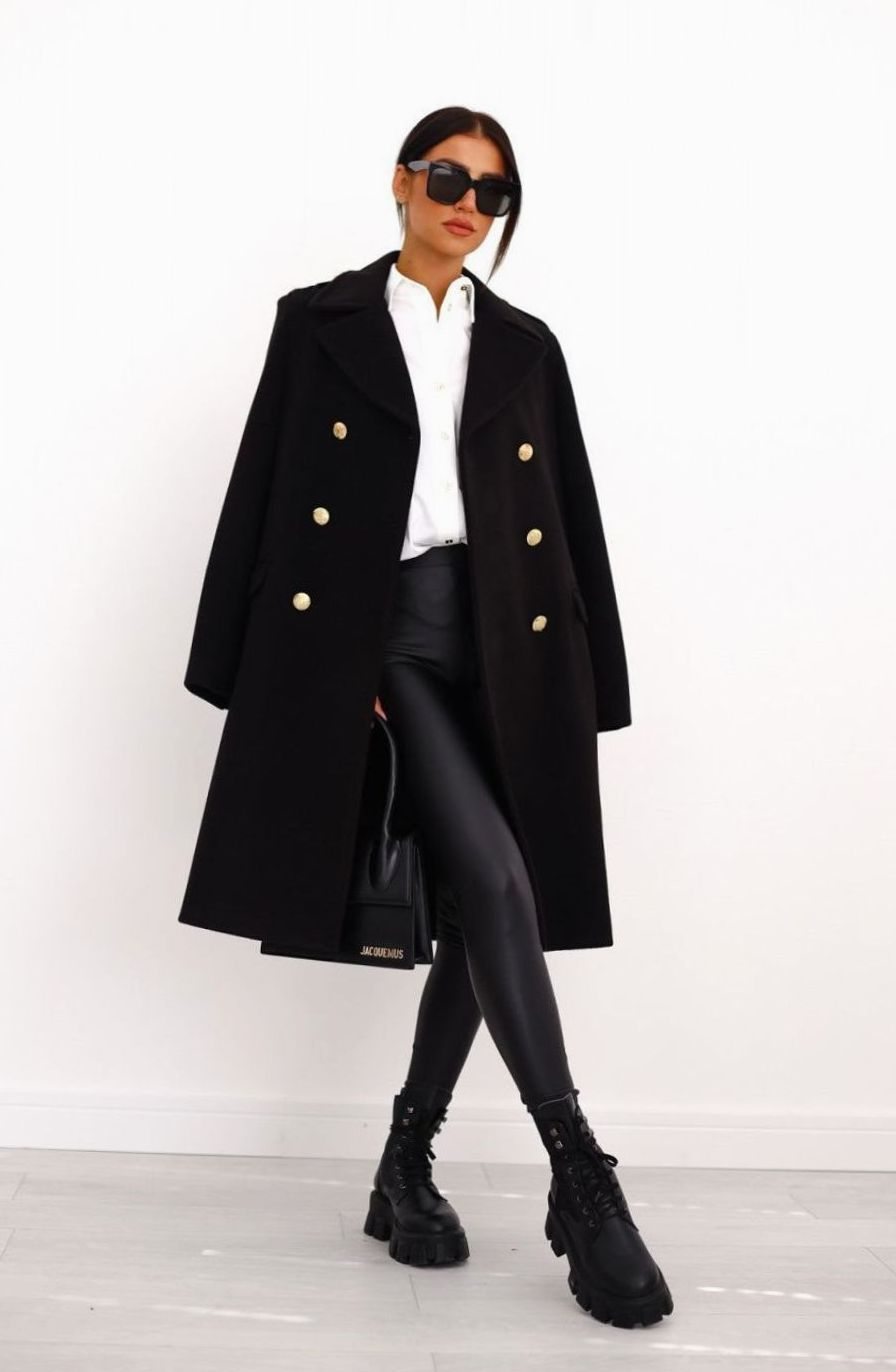 Women's Double Breasted Wool Coat Notch Lapel A-Line - Black