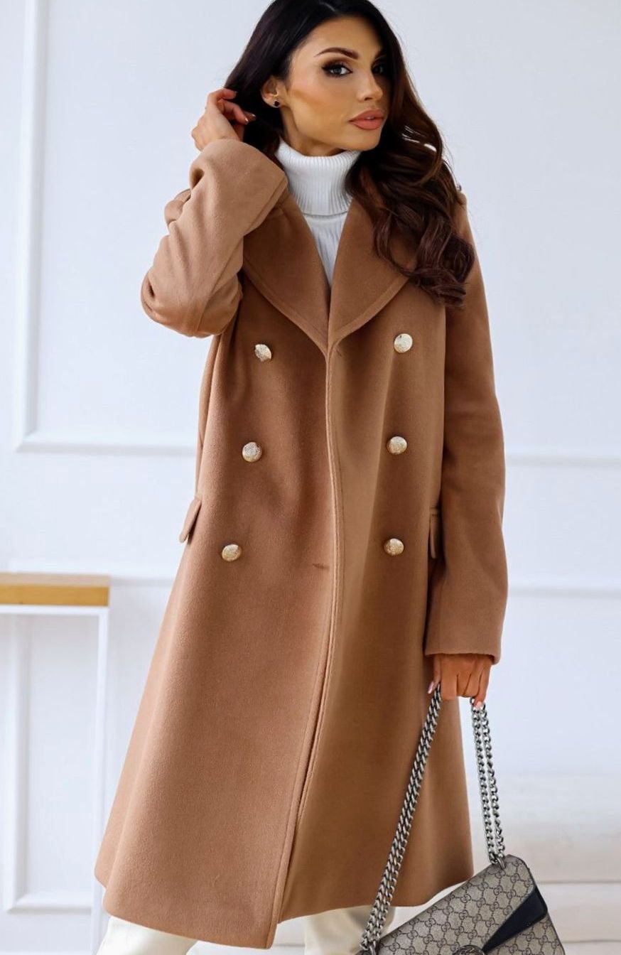 Women's Double Breasted Wool Coat Notch Lapel A-Line - Brown