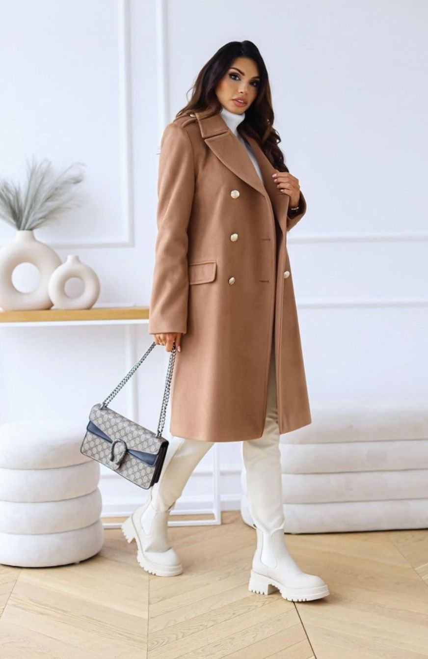 Women's Double Breasted Wool Coat Notch Lapel A-Line