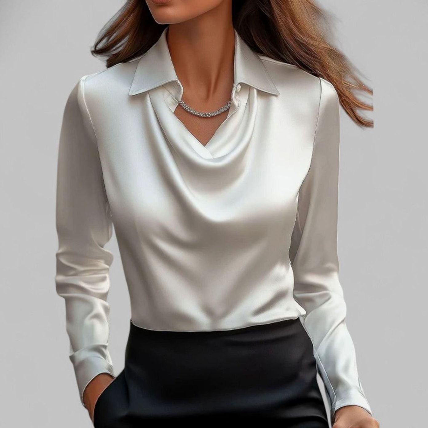Women's Draped Cowl-Neck Long Sleeve Satin Blouses - White