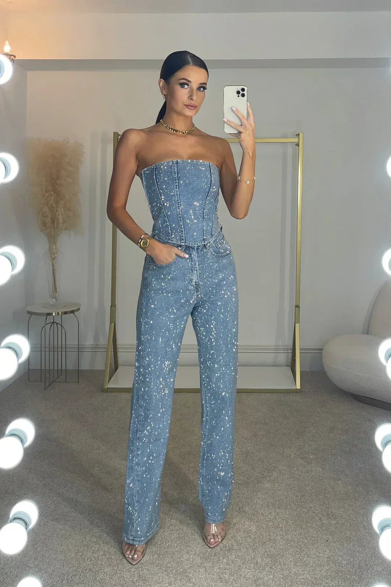 Women's Dress Style Strapless Sequin Straight-Leg Jumpsuit - Denim