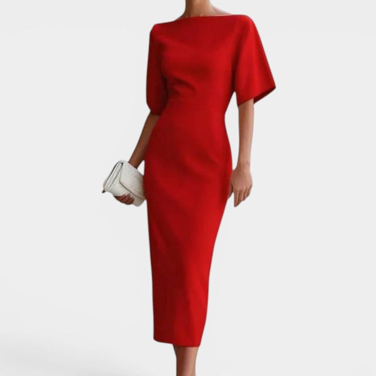 Women's Elegant Boat-Neck Short-Sleeve Midi Dress - Red