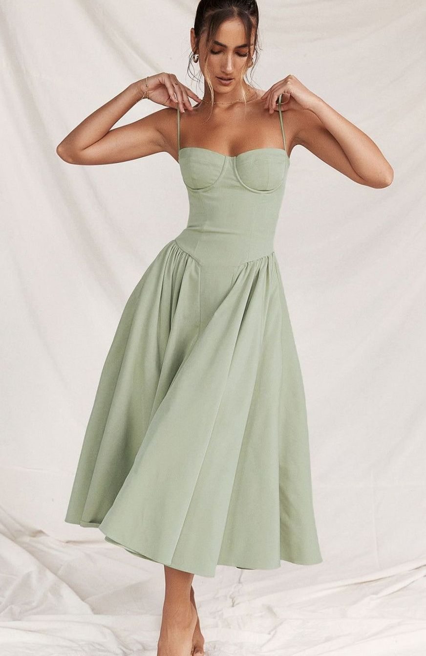 Women's Elegant Bustier Spaghetti-Strap Flared Midi Dress - Light Green