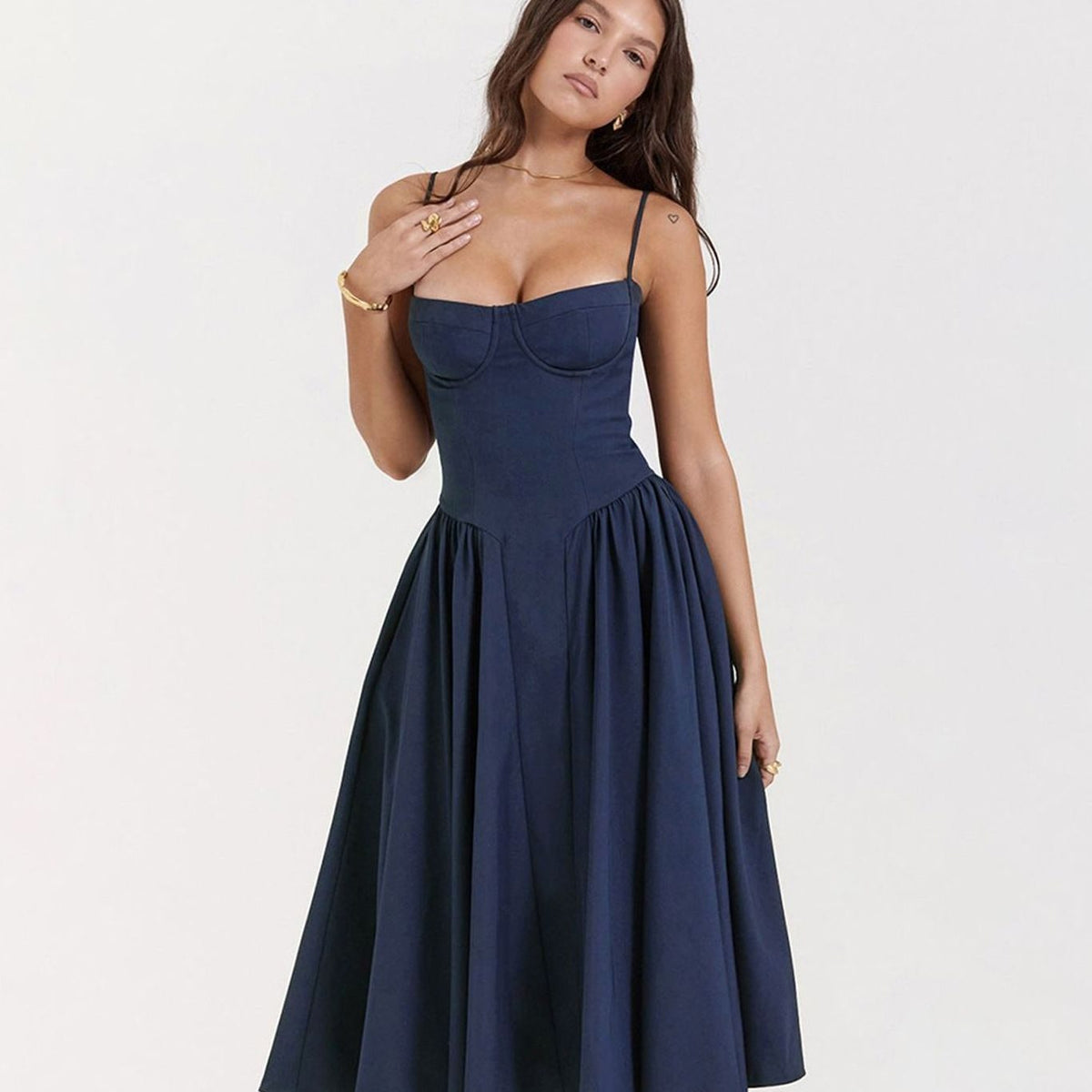 Women's Elegant Bustier Spaghetti-Strap Flared Midi Dress - Blue