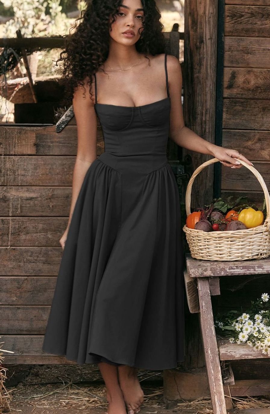Women's Elegant Bustier Spaghetti-Strap Flared Midi Dress
