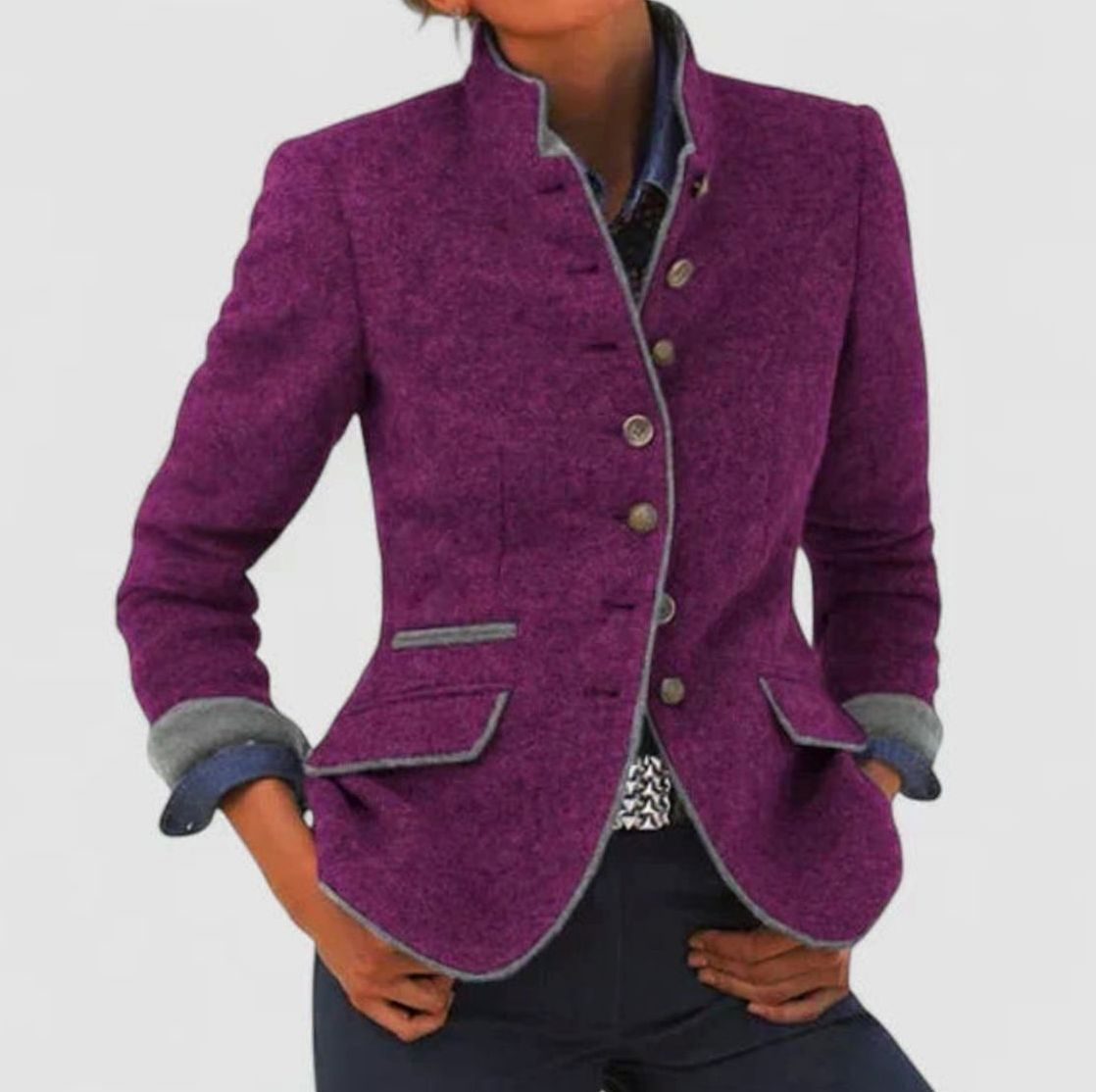 Women's Elegant Button-Up Stand-Collar Blazer Cardigan - Purple