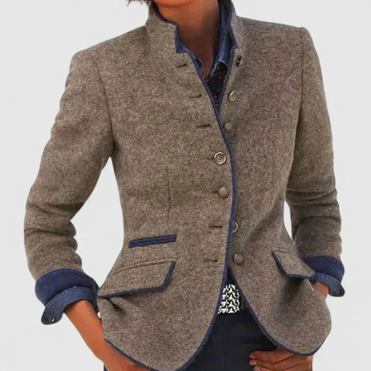 Women's Elegant Button-Up Stand-Collar Blazer Cardigan - Caramel