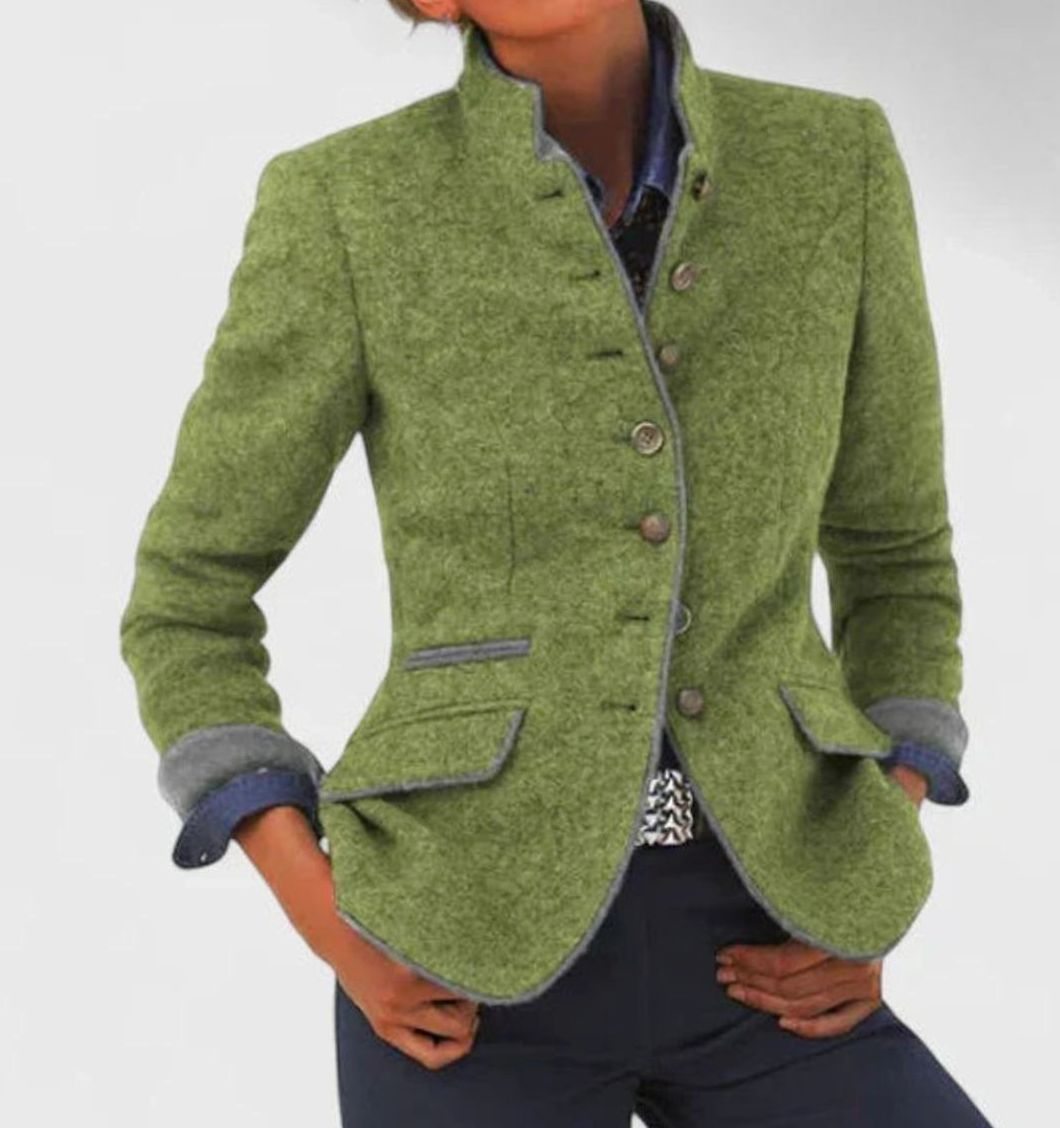 Women's Elegant Button-Up Stand-Collar Blazer Cardigan - Green