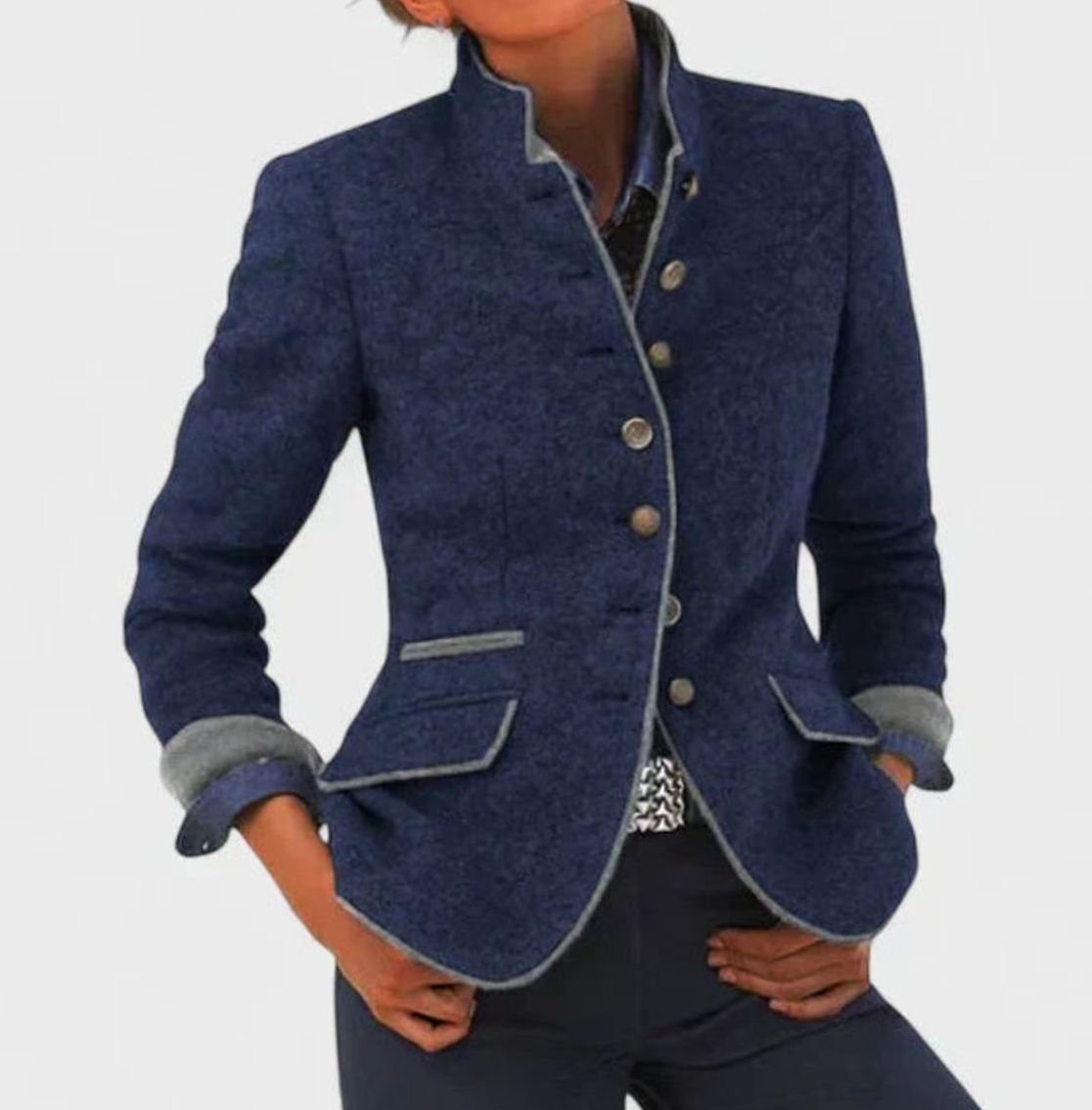 Women's Elegant Button-Up Stand-Collar Blazer Cardigan - Blue