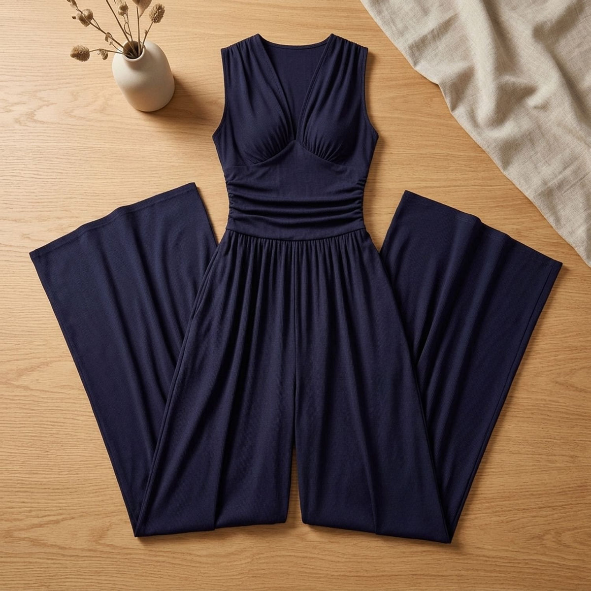 Women's Elegant Classy Sleeveless Wide-Leg Jumpsuit - Navy Blue
