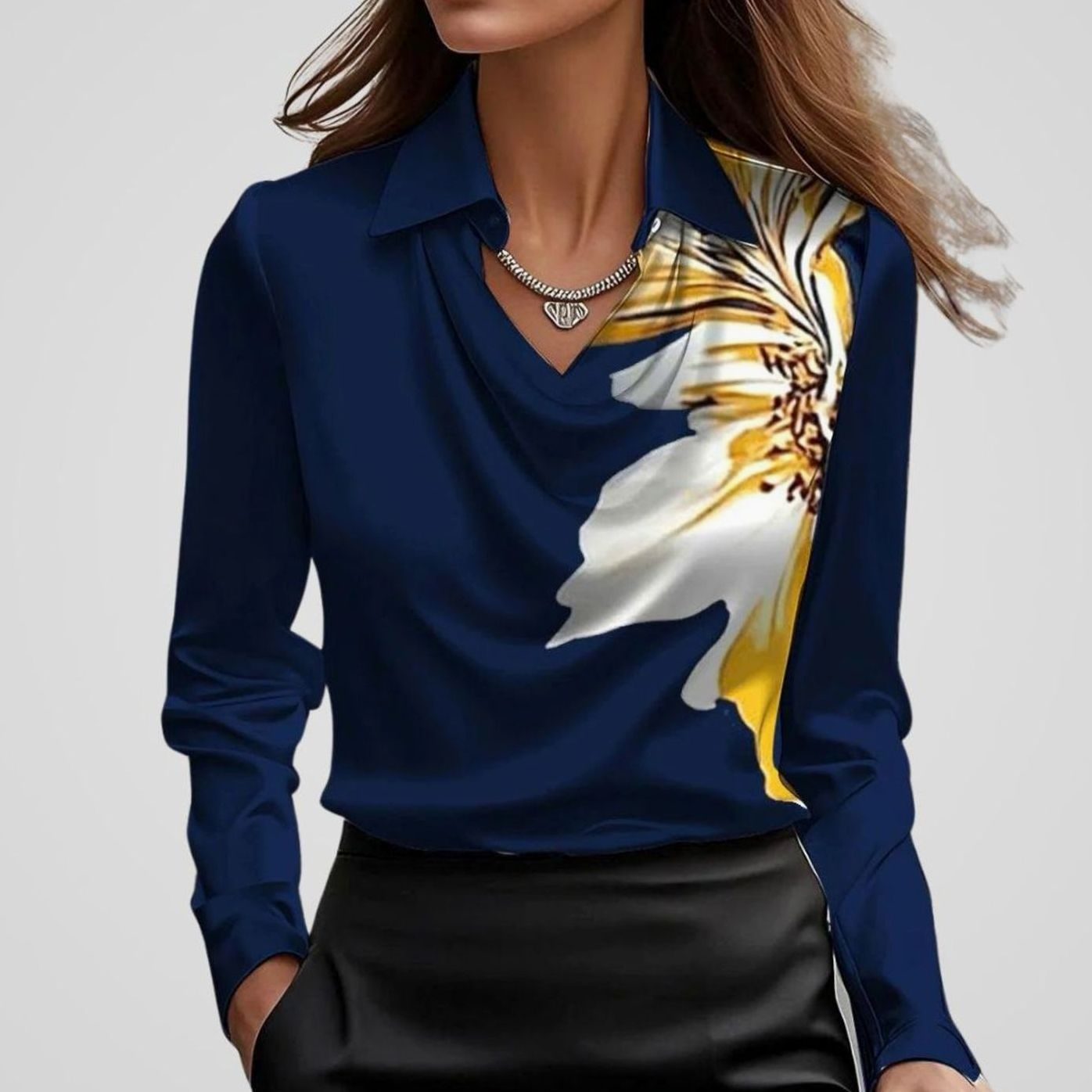 Women's Elegant Cowl-Neck Long-Sleeve Satin Blouse - Dark Blue