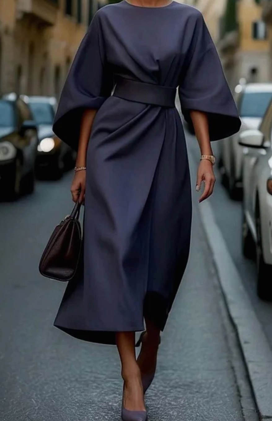 Women's Elegant Dress Belted Midi Lantern Sleeve - Navy Blue
