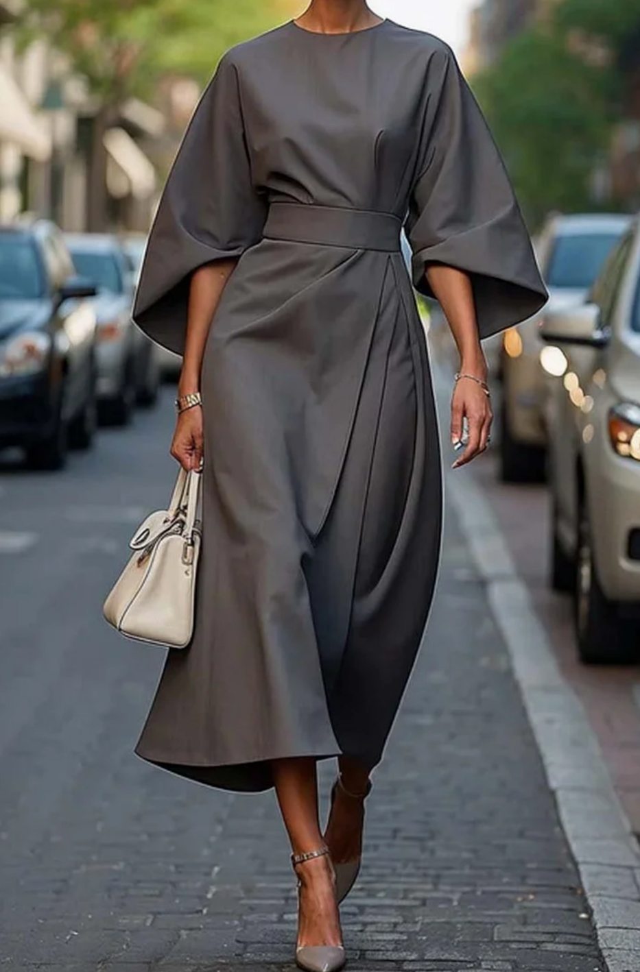 Women's Elegant Dress Belted Midi Lantern Sleeve - Grey