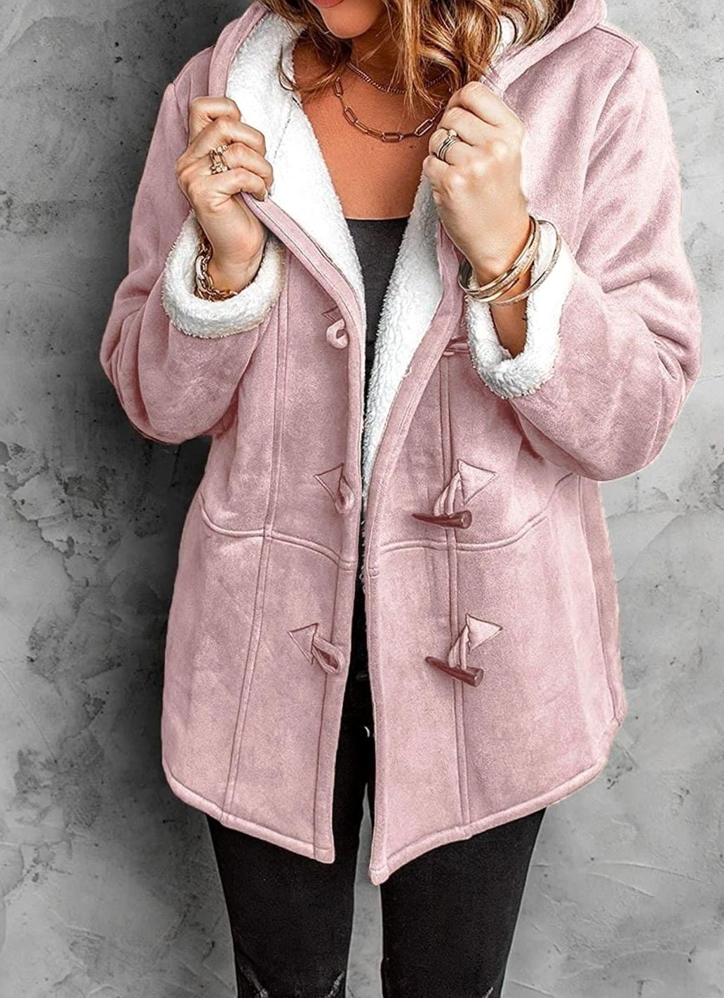 Women's Elegant Hooded Coat Sherpa-Lined Toggle Button - Pink