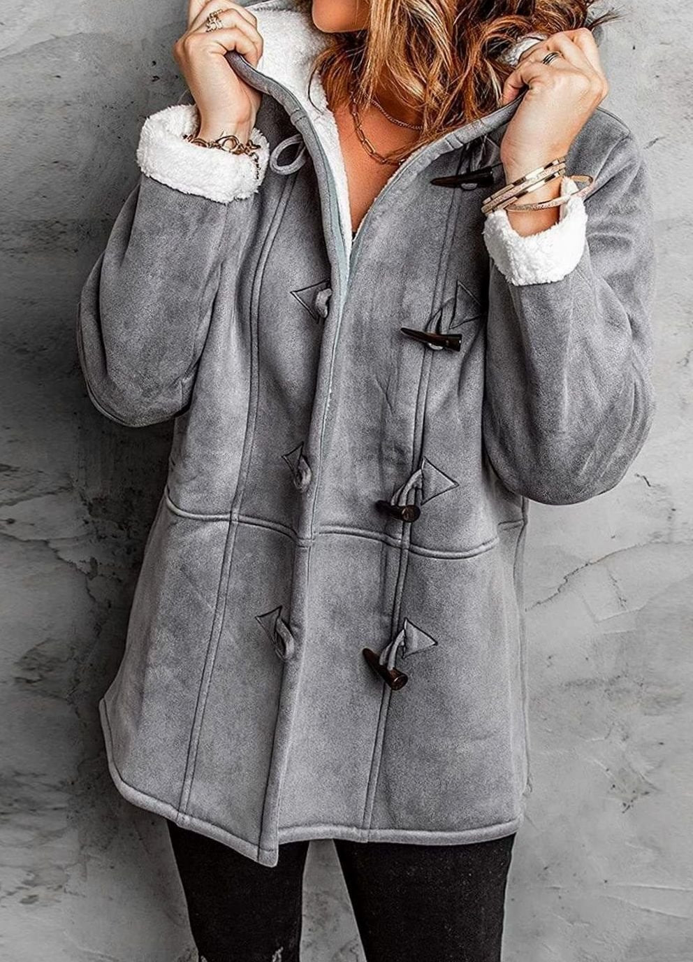 Women's Elegant Hooded Coat Sherpa-Lined Toggle Button - Grey