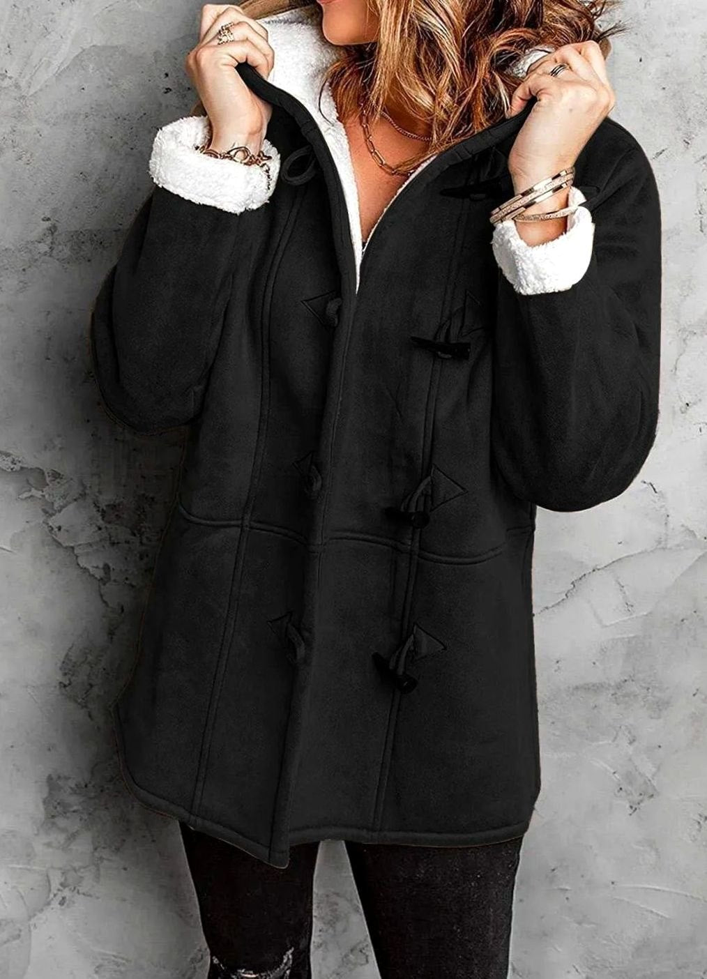 Women's Elegant Hooded Coat Sherpa-Lined Toggle Button - Black