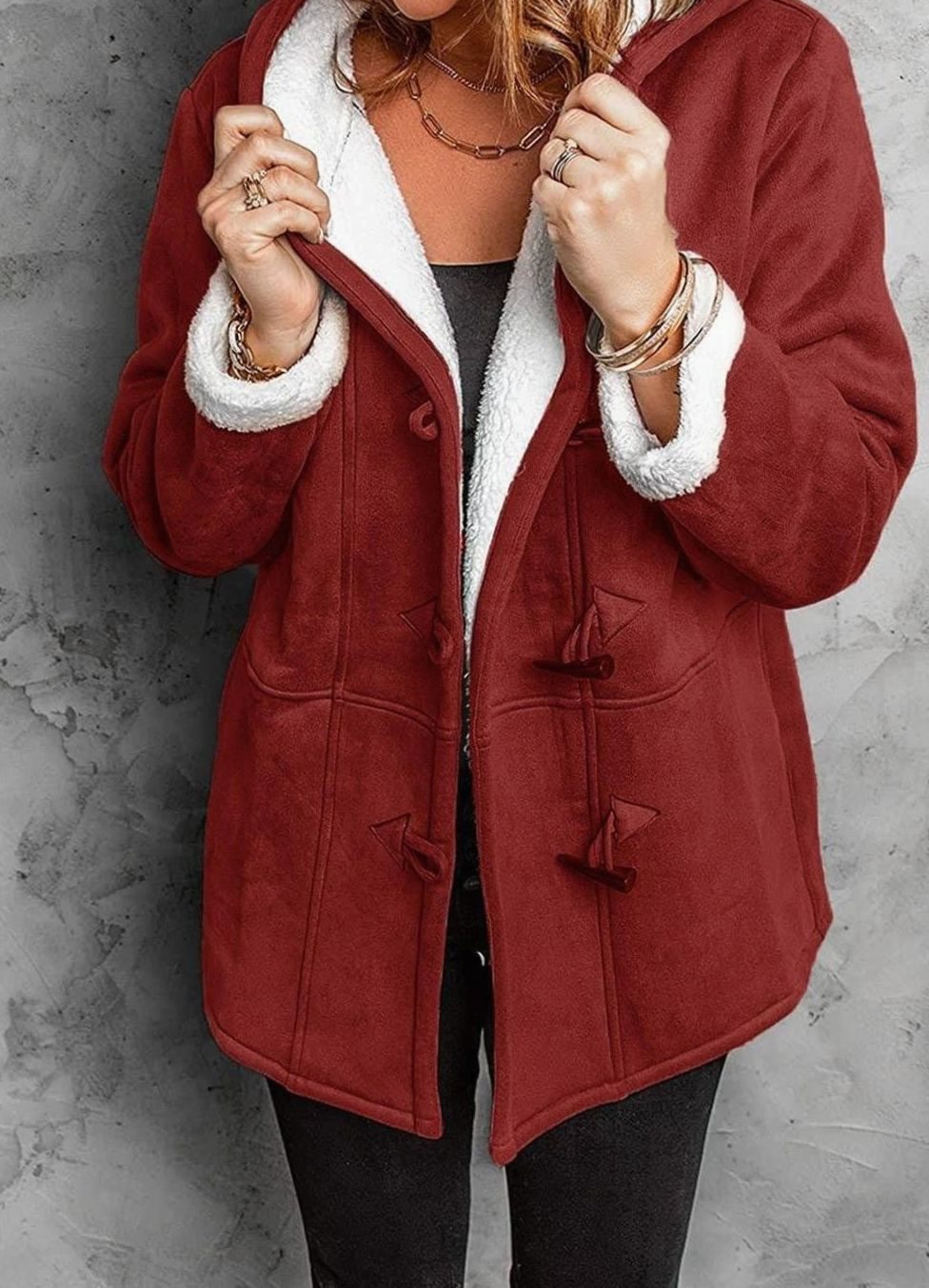 Women's Elegant Hooded Coat Sherpa-Lined Toggle Button - Red
