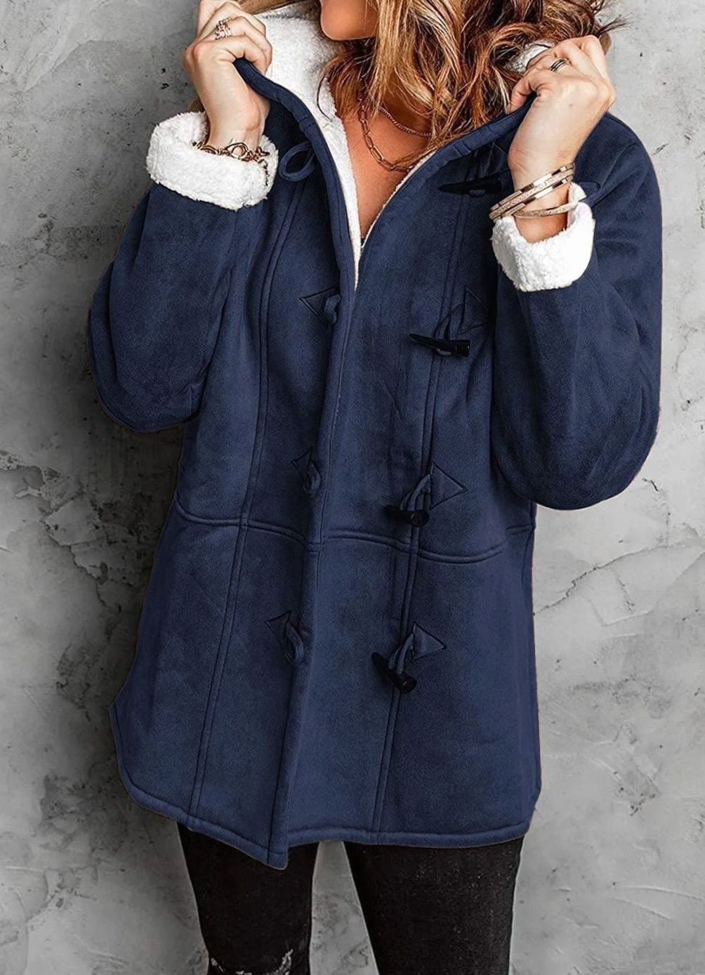 Women's Elegant Hooded Coat Sherpa-Lined Toggle Button - Dark Blue