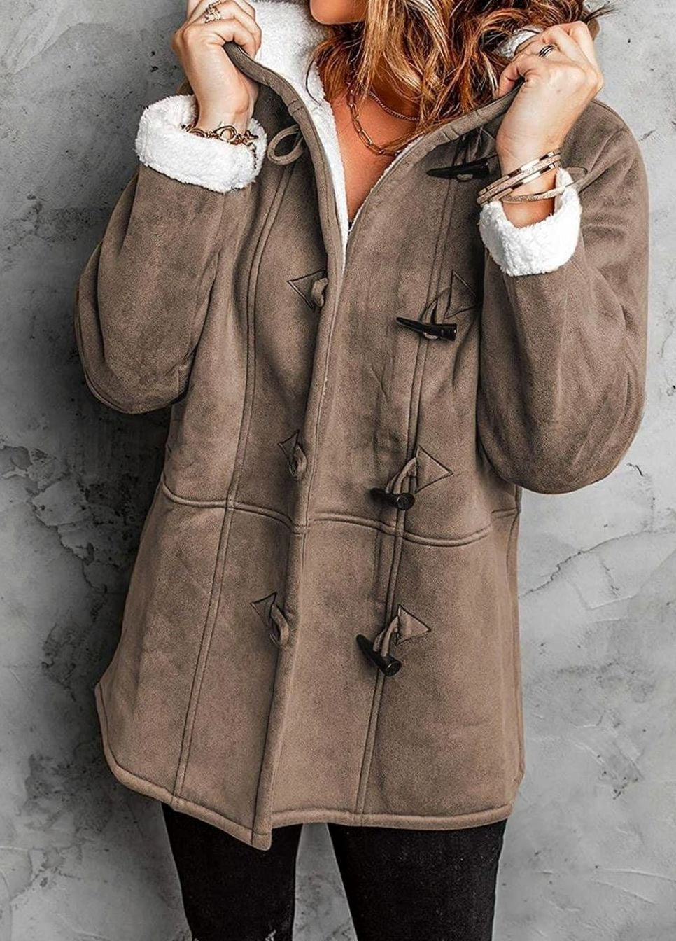 Women's Elegant Hooded Coat Sherpa-Lined Toggle Button - Brown