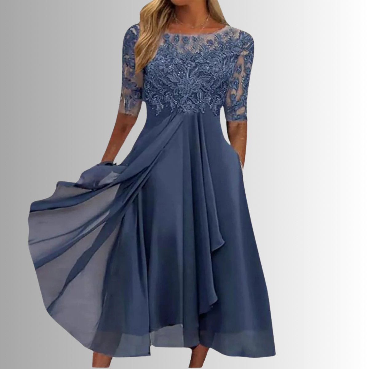 Women's Elegant Lace Bodice Chiffon Formal Dress Midi - Blue