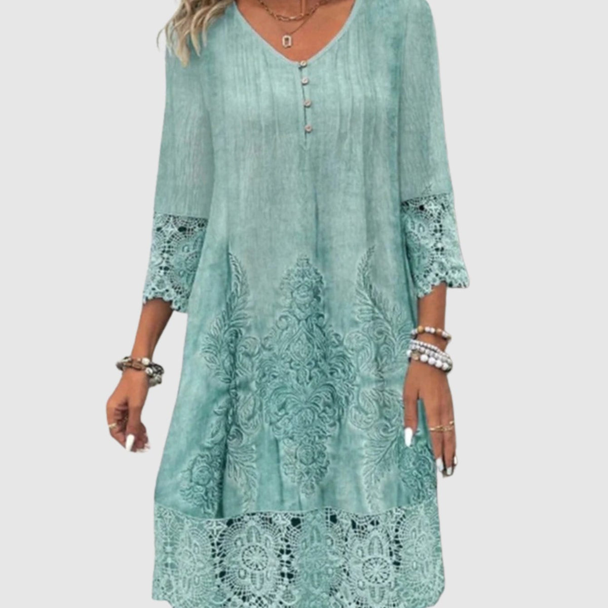 Women's Elegant Lace Dress A-Line V-Neck Three-Quarter Sleeve Midi - Green