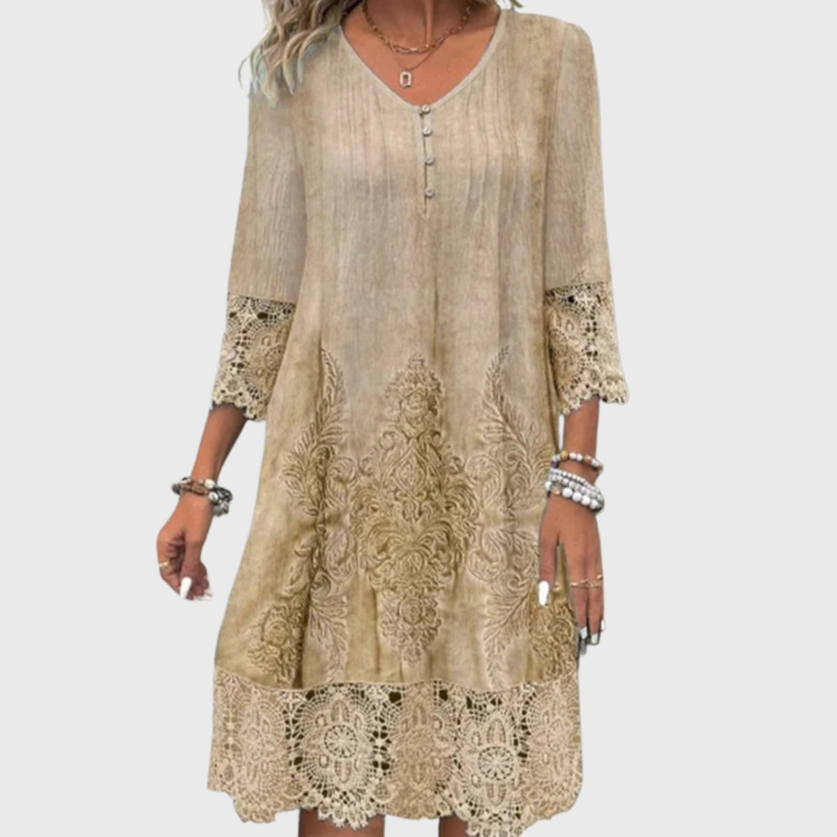 Women's Elegant Lace Dress A-Line V-Neck Three-Quarter Sleeve Midi - Khaki