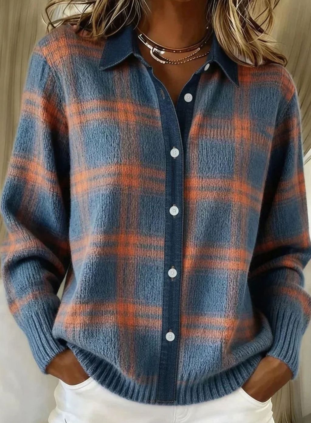 Women's Elegant Long Cardigan Sweater Button-Front Plaid Knit - Blue and Orange