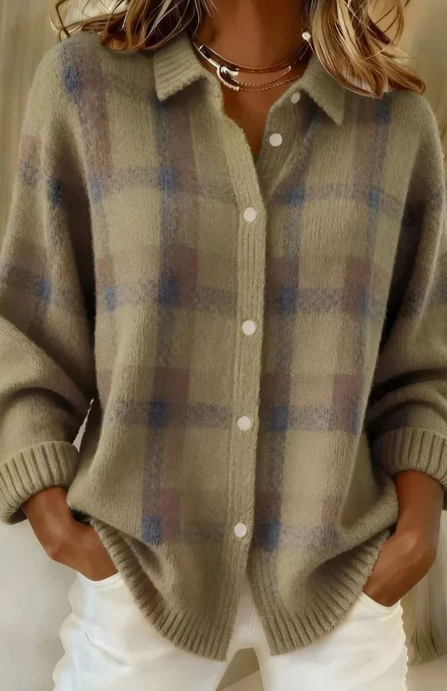Women's Elegant Long Cardigan Sweater Button-Front Plaid Knit - Brown