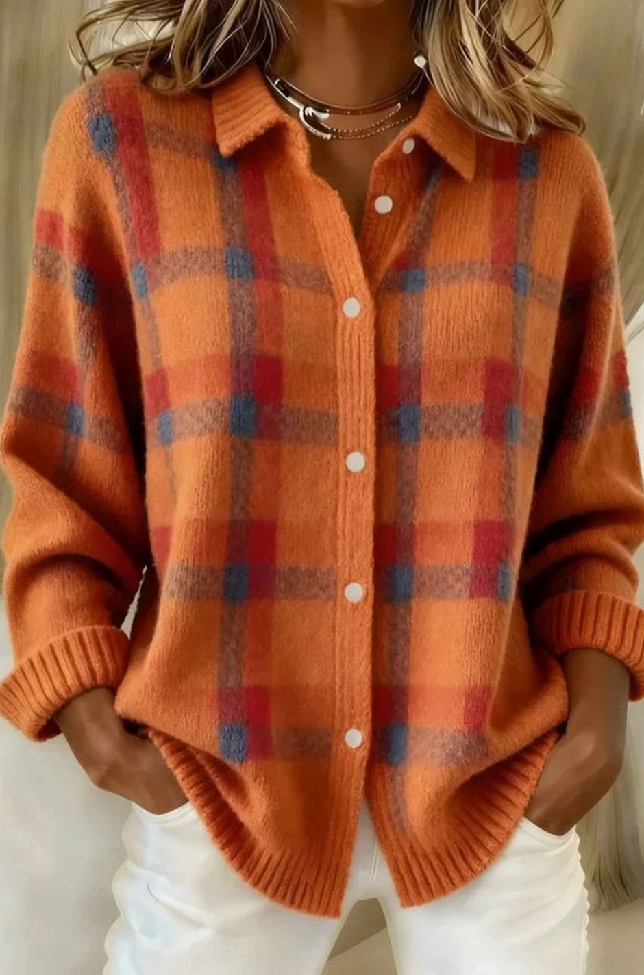 Women's Elegant Long Cardigan Sweater Button-Front Plaid Knit - Orange