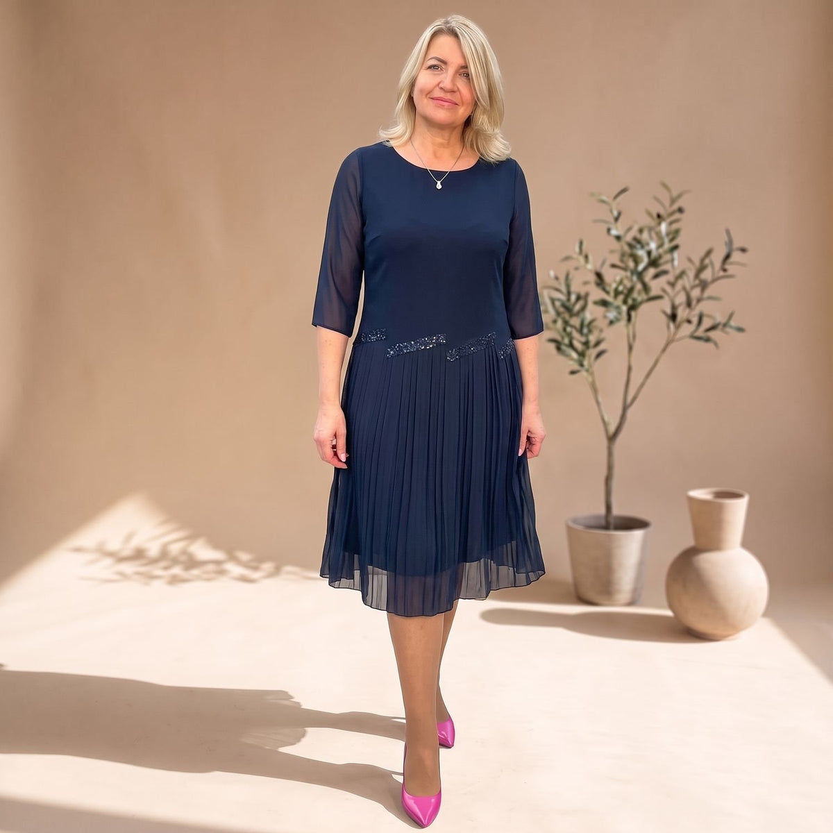 Women's Elegant Midi Dress Sheer-Sleeve Pleated Formal - Blue