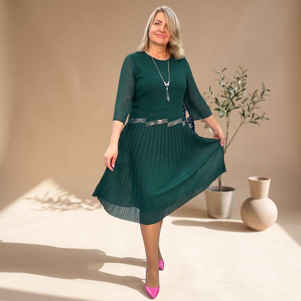 Women's Elegant Midi Dress Sheer-Sleeve Pleated Formal - Green