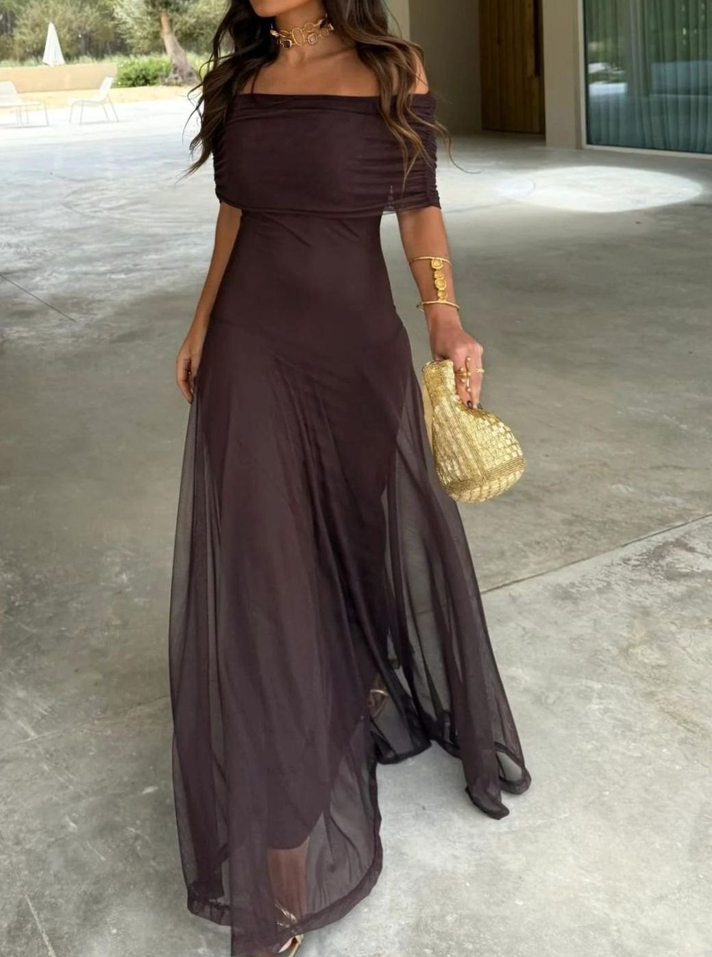 Women's Elegant Off-Shoulder Maxi Party Dress - Brown